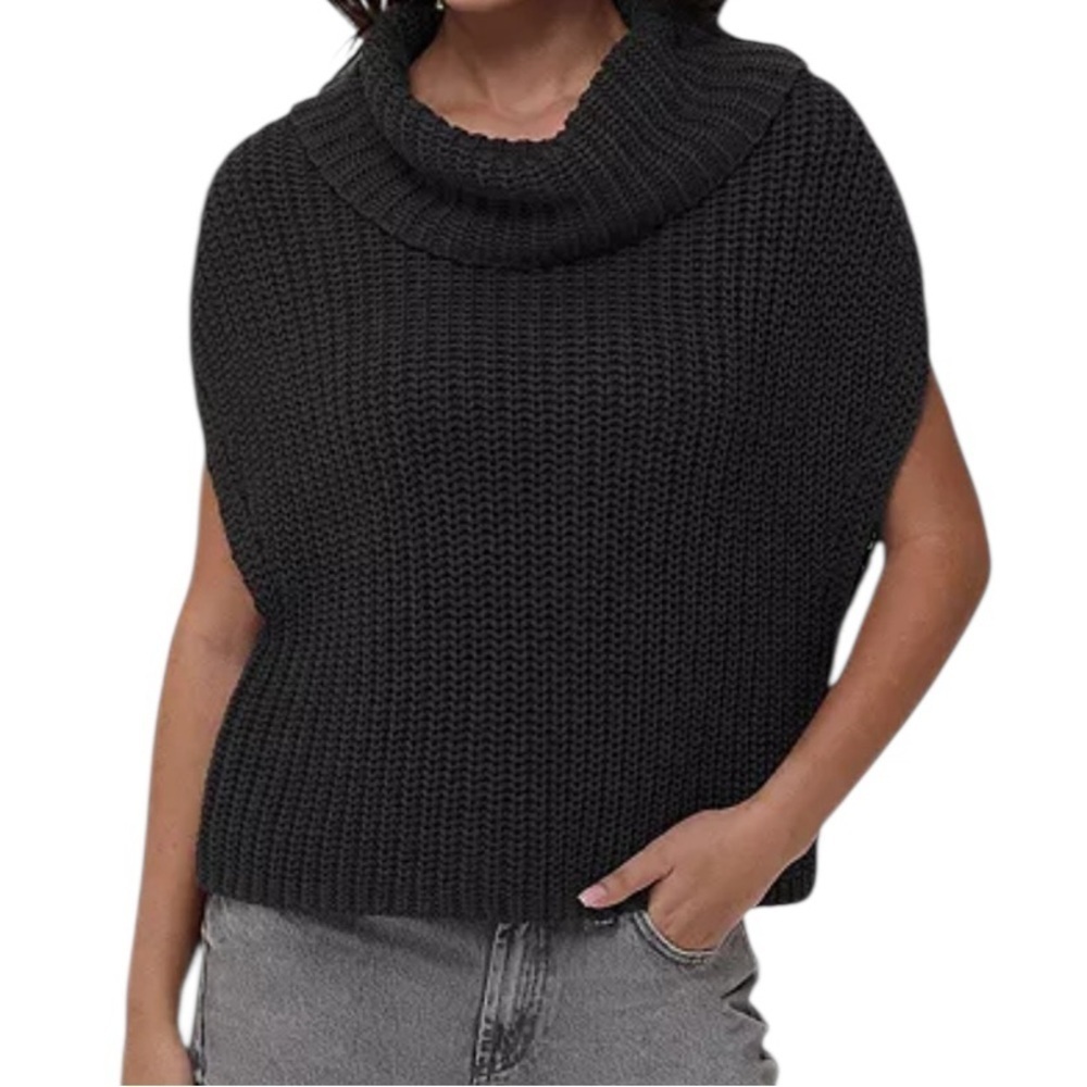 525 America Cate Sleeveless Chunky Knit Cotton Turtleneck Sweater Black Med